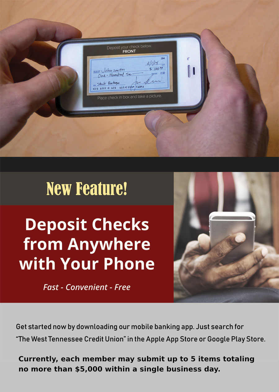 New Feature! Deposit checks from anywhere with your phone.
